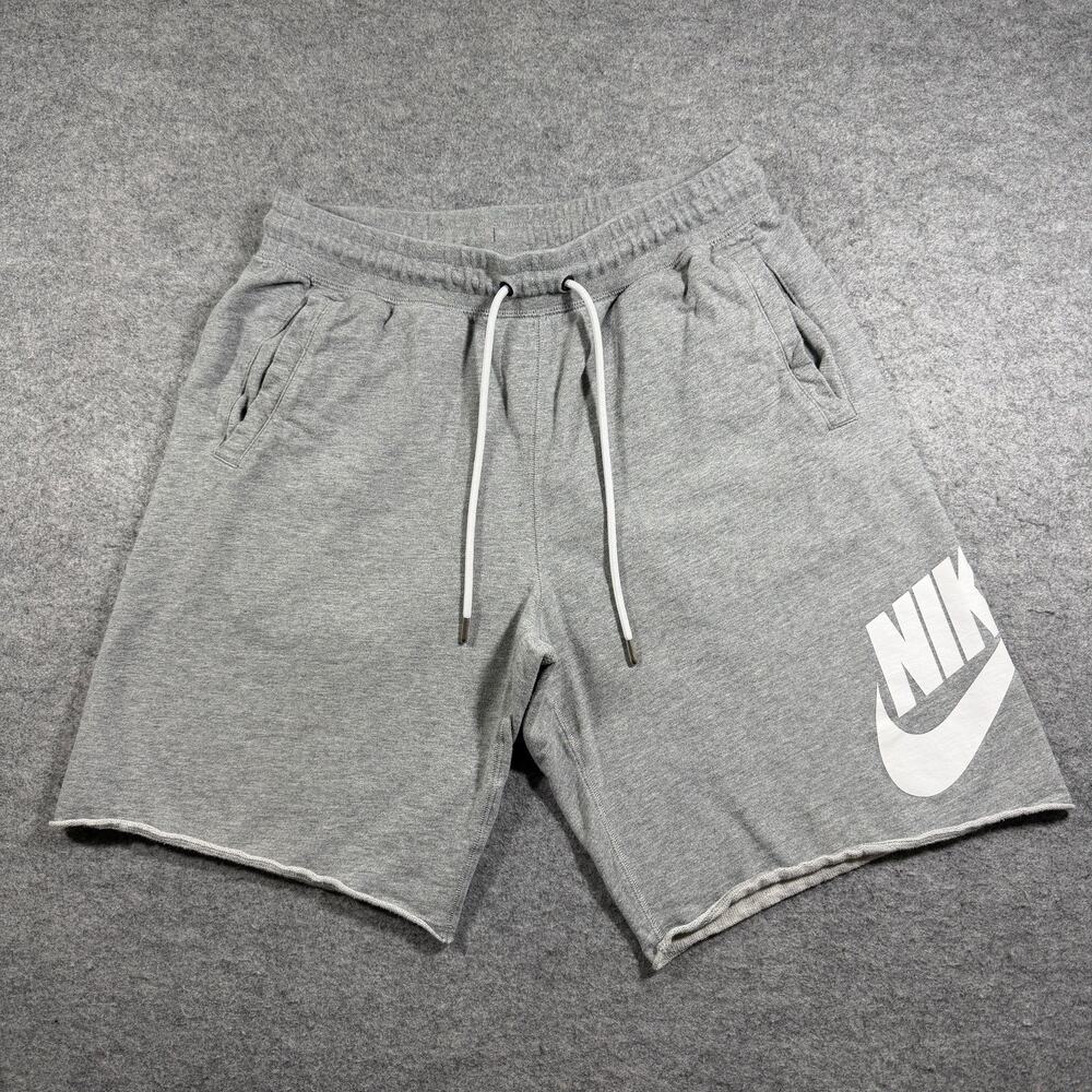 Nike Sweat Shorts Mens L Heather Gray Cotton Logo Raw Hem Lounge Drawstring